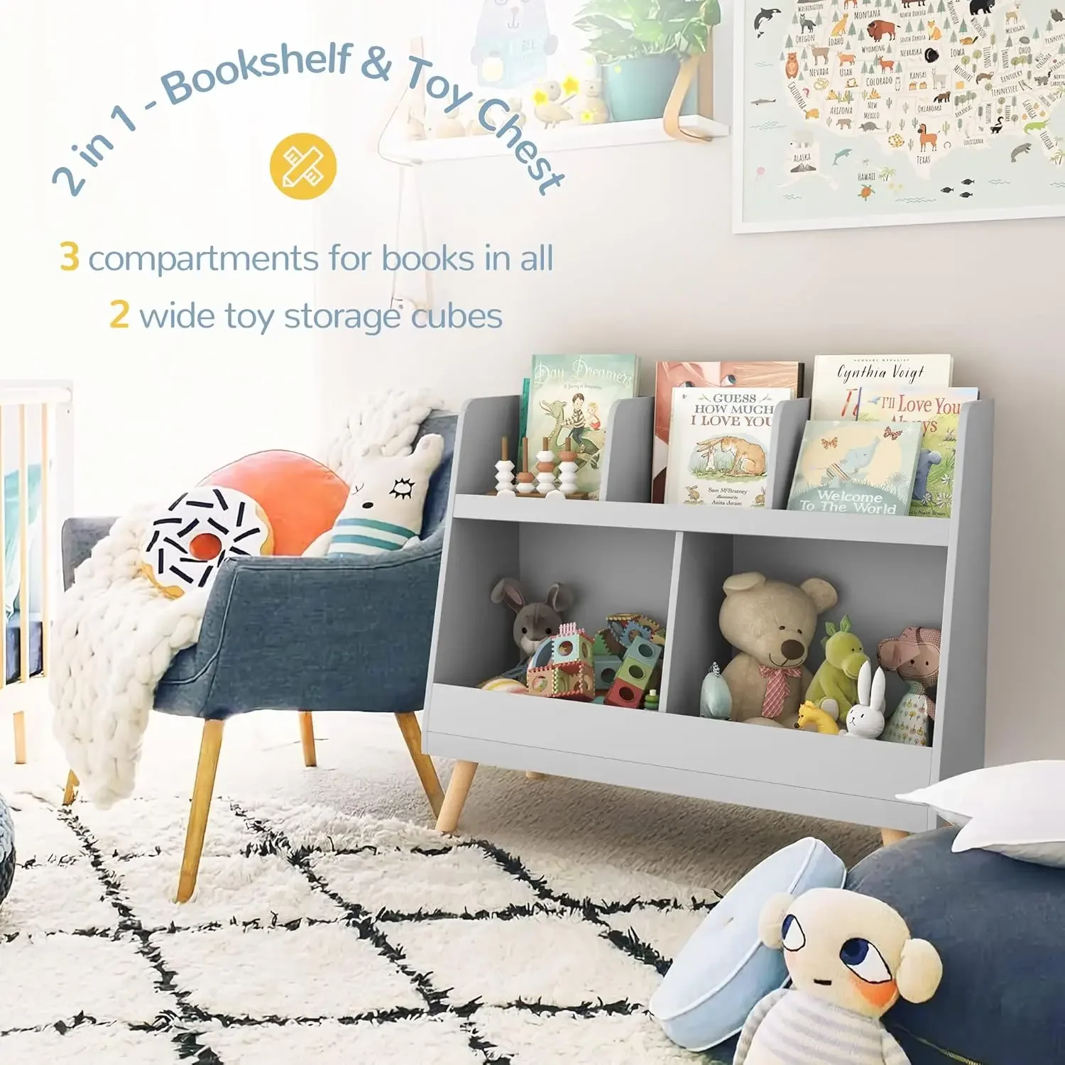 Organizador de brinquedos, cinza, 5 cubículos, estilo moderno, madeira, 32,4x12,5x27,3 polegadas, 32,5 libras