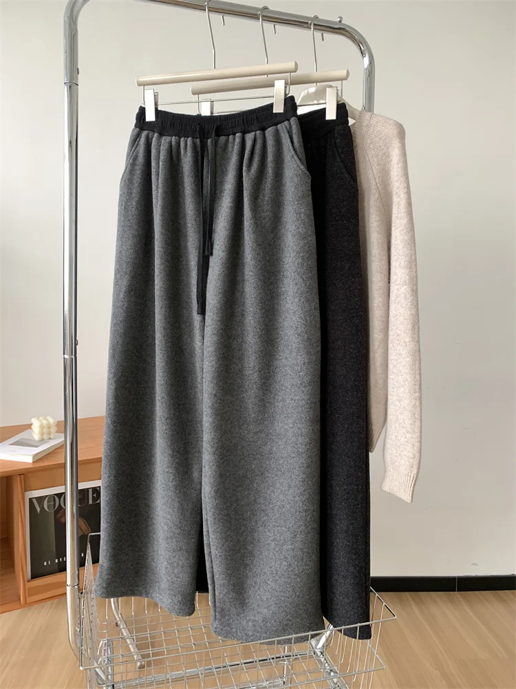 Drooping Imitation Cashmere Color Blocked Straight Wide Leg Pants Women, Loose Casual, Thick Warm, Winter Plush Floor Pants