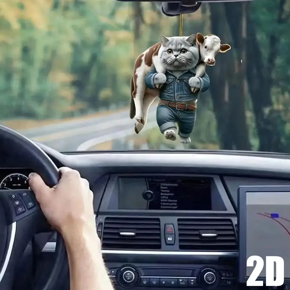 Car Interior Decoration 2D Flat Acrylic Pendant Car Rear View Mirror Accessories Cat Carrying Cow Hanging Charm Ornament Gifts