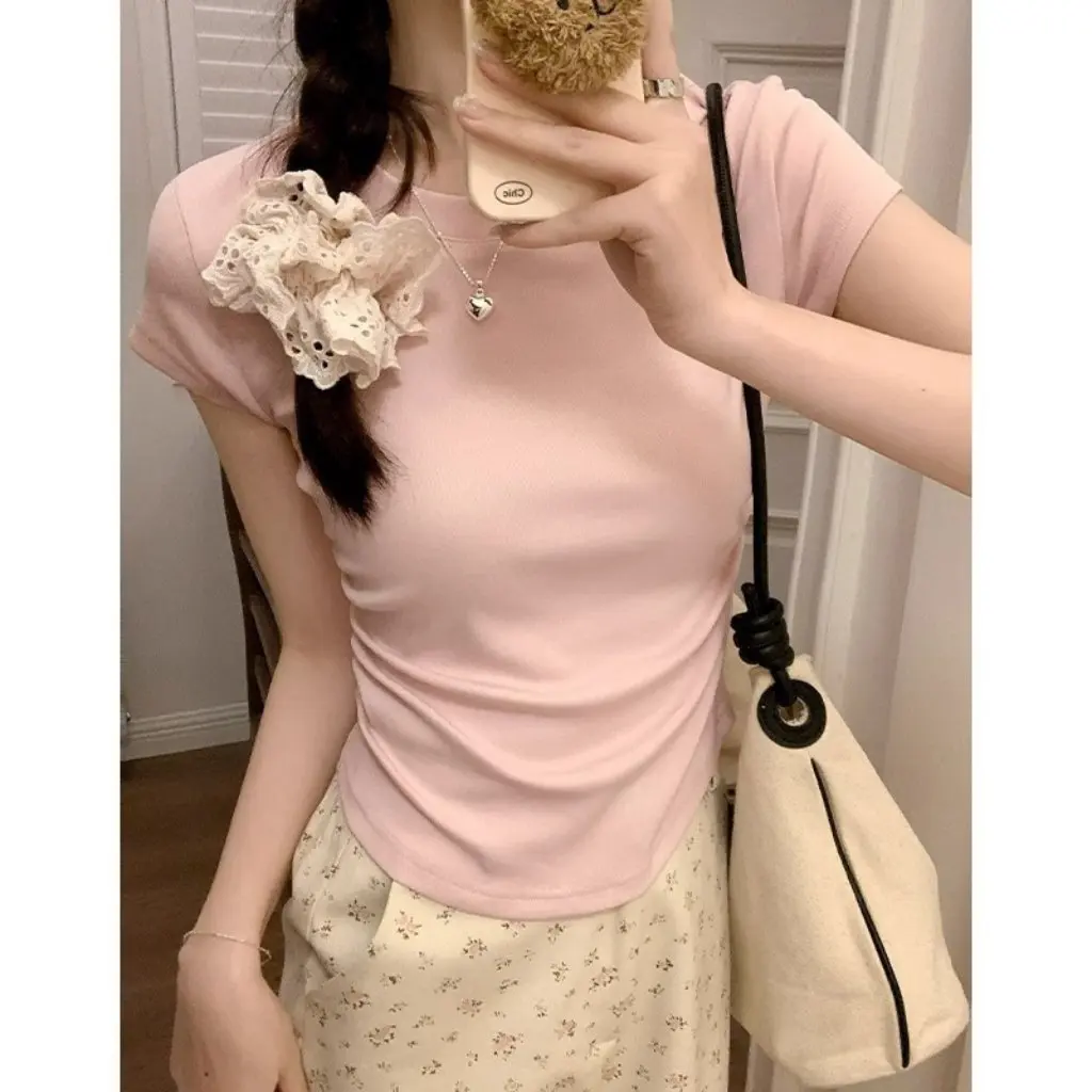 

Women's Slim Fit Short Sleeve T-Shirt 92% Cotton Gathered Waist Flattering Short Length Arc Hem Design Summer Fashion Top