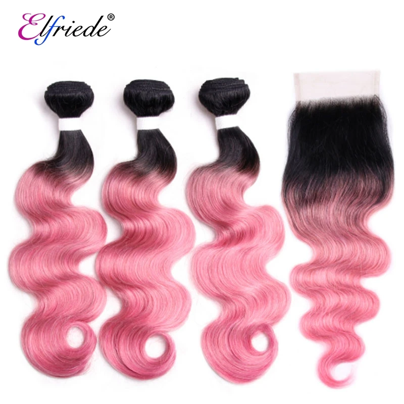 Elfriede #1B/Rose Pink Body Wave Precolored Hair Bundles with Closure 100% Human Hair Wefts 3 Bundles with Lace Closure 4x4