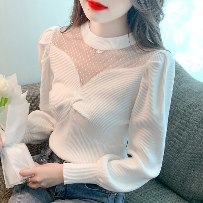 

Korean Fashion Women's Clothing Mesh Splicing Knitted Sweater Women Elegant Puff Sleeve Pullovers Office Lady Knitwears Tops