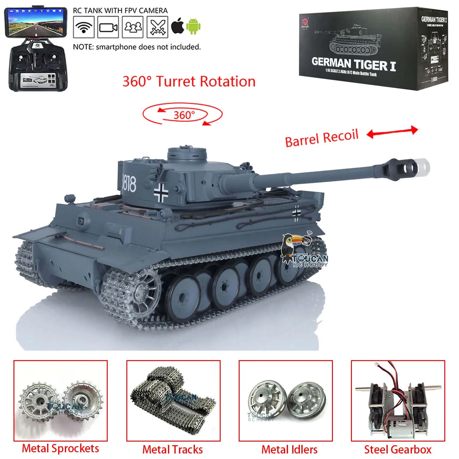 RC Panzer Heng Long 1/16 7.0 Upgrade Tiger I RC Tank FPV 3818 W/ 360° Turret Barrel Recoil Vehicle TH17243