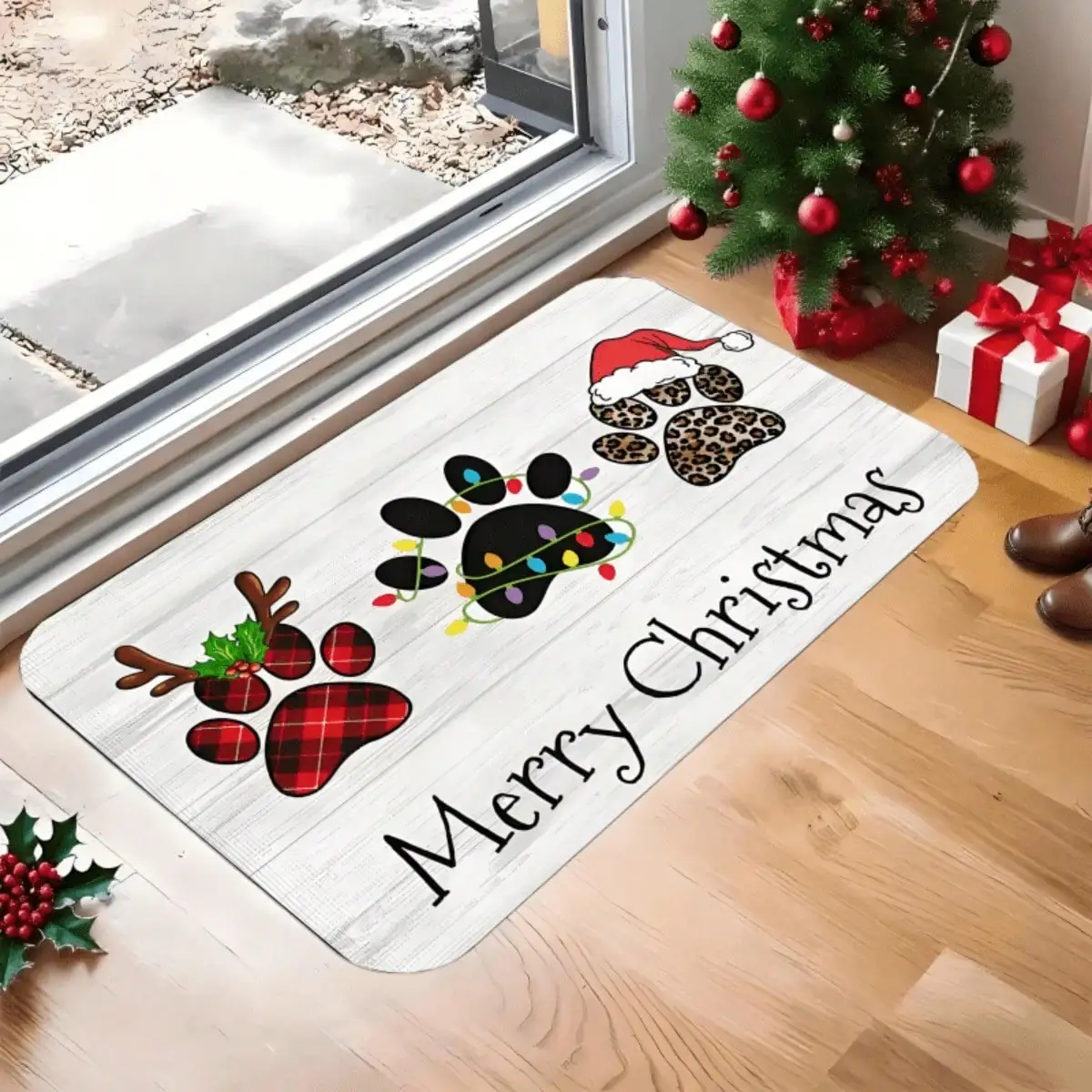 1pc Festive Door Featuring Merry Wording And Paw Prints - Designed With Red Plaid And Leopard Spots, Made With Sturdy Rubber Backing, Easy To Clean Both Indoor