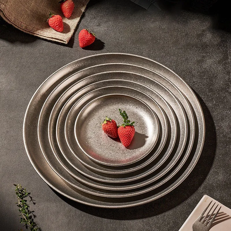 304 Stainless Steel Plates Industrial Style Vintage Coffee Trays Creative Steak Pasta Dessert Plates Flat Bottom Retro Tableware