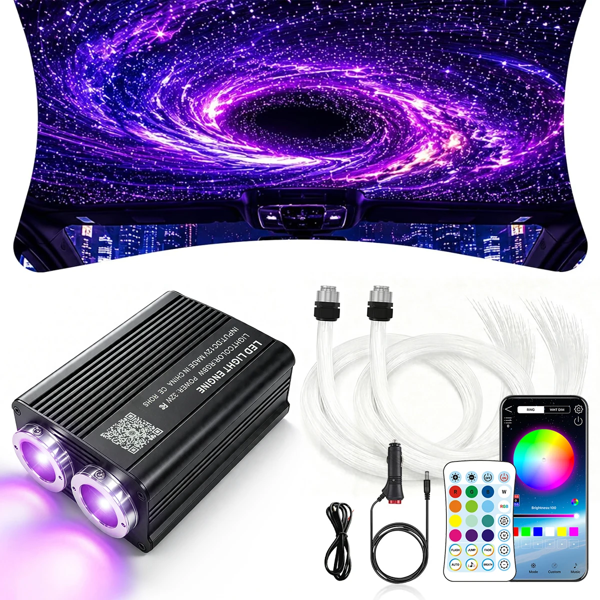 Kit d'éclairage à fibres optiques amélioré pour voiture et maison, avec application, RGBW, effet scintillant et musical, éclairage de plafond ciel étoilé, câble à fibres optiques 300-1000 brins 0,03 pouces/0,75 mm 2m/3m+ télécommande RF 28 touches ﻿