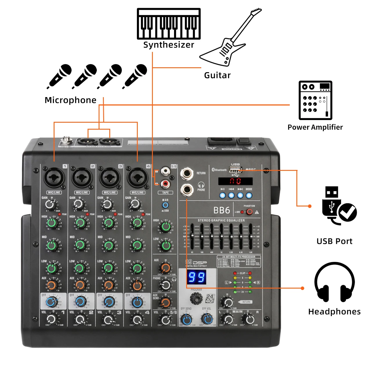 OEM B6 Professional Built in 99 Types of DSP Effect 6 Channels Digital Sound Mixing Console USB Audio Mixer