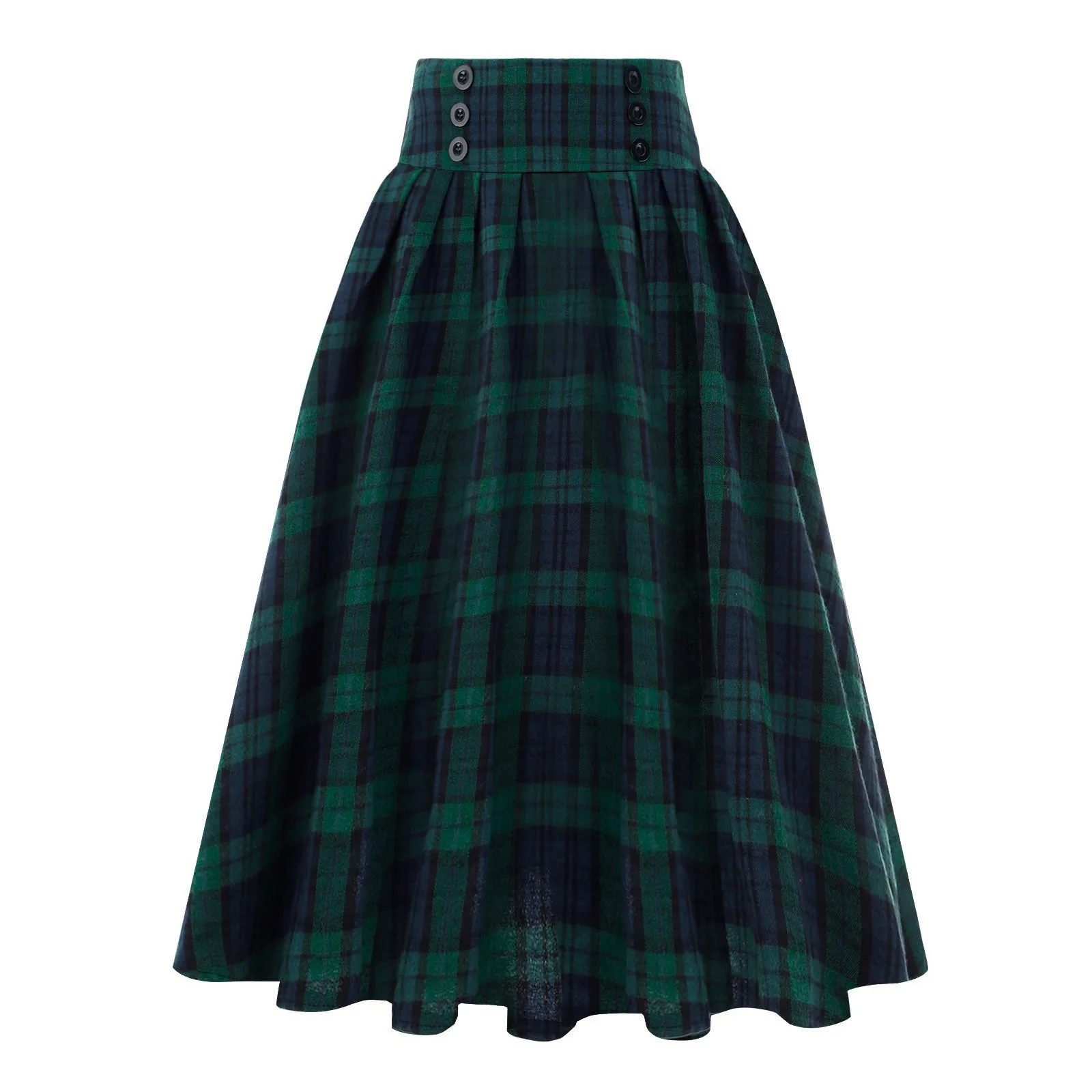 Vintage Pleated Plaid Skirt Autumn Winter High Waist Korean Style Preppy Midi Skirts Button Decor Plus Size High Quality Skirt