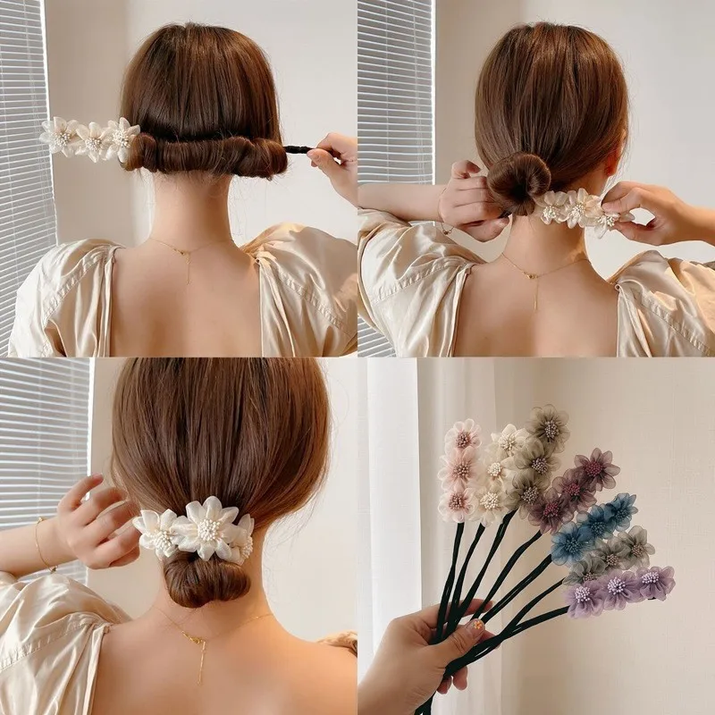 Elegant Shell Pearl Lazy Hair Curler Bow Barrettes Braided Hair Artifact Vintage Women Flower DIY Hair Maker Tools Scrunchies