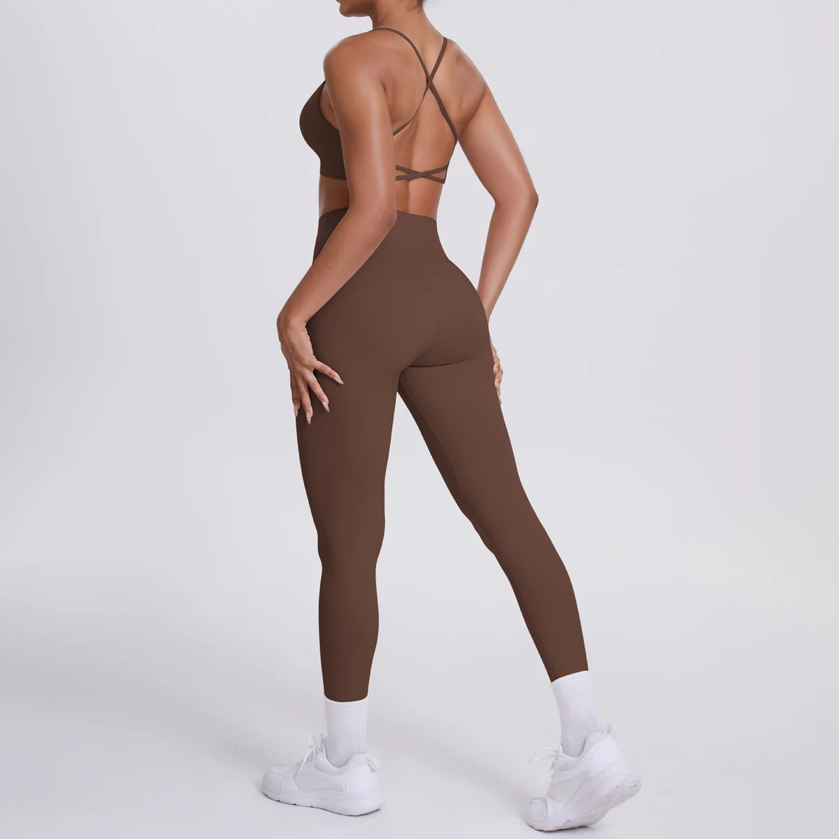 Yoga-Anzug, Sport-Set, Fitnessstudio, nahtlos, stoßfest, Sport-BH, Damen, hohe Taille und Hüften, eng, pfirsichfarbene Gesäßhose, Damen-Sportbekleidung – Detail 6