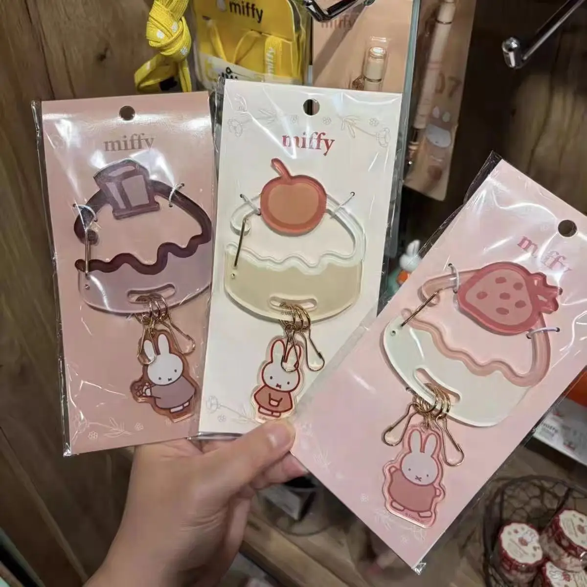 Kawaii Miffy Keychain Cute Cartoon Miffy Acrylic Mounting Pin Japanese Fruit Series Keychain Cartoon Sweet Girl HeartPendant