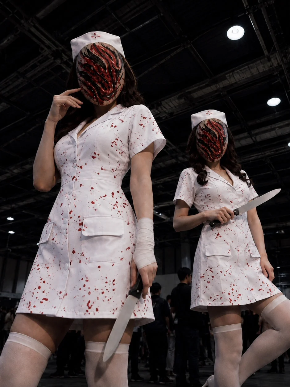 Halloween Silent Hill Terror Nurse COS Costume Women's White Bloodstained Dress with Knife Mask Adult Women's Clothes