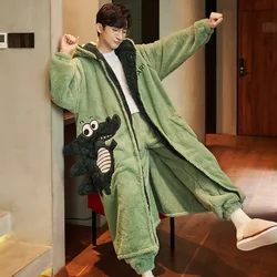 Winter Men's Coral Velvet Pajamas Set Thickened Long Sleeve Hooded Bathrobe Cartoon Cute Home Suit Warm Sleepwear Loungewear