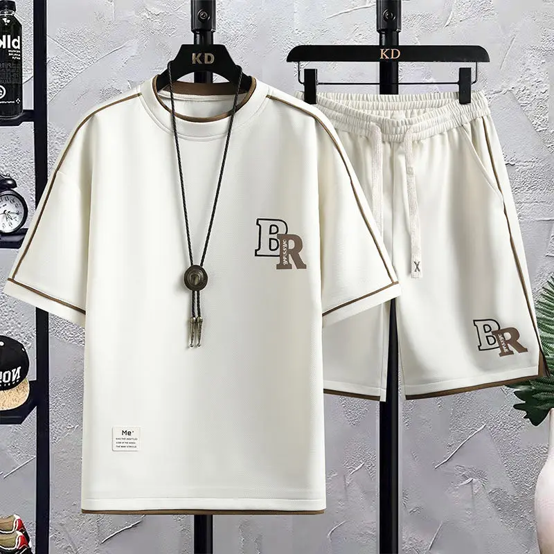 

Летний новый мужской повседневный спортивный костюм: футболка с коротким рукавом и шорты до колен, дышащий комплект из двух предметов из полиэфирного волокна для молодежи