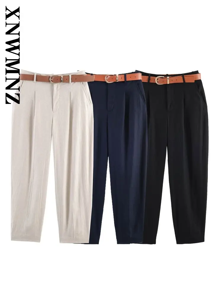 

XNWMNZ 2026 Summer New Lady Vintage Fashion Linen Midi long Nine Pants Versatile Commuting Woman Casual Thin Slim Harem Pants