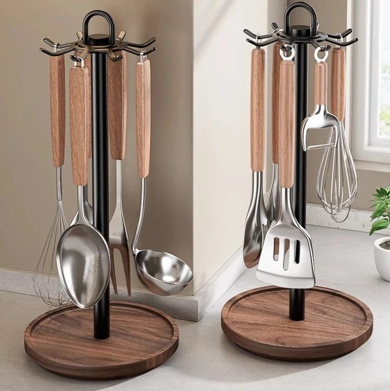 

Walnut Kitchen Rotating Hook Countertop Spatula Holder Hanging Ladle, Skimmer and Spatula Kitchen Utensil Storage Rack