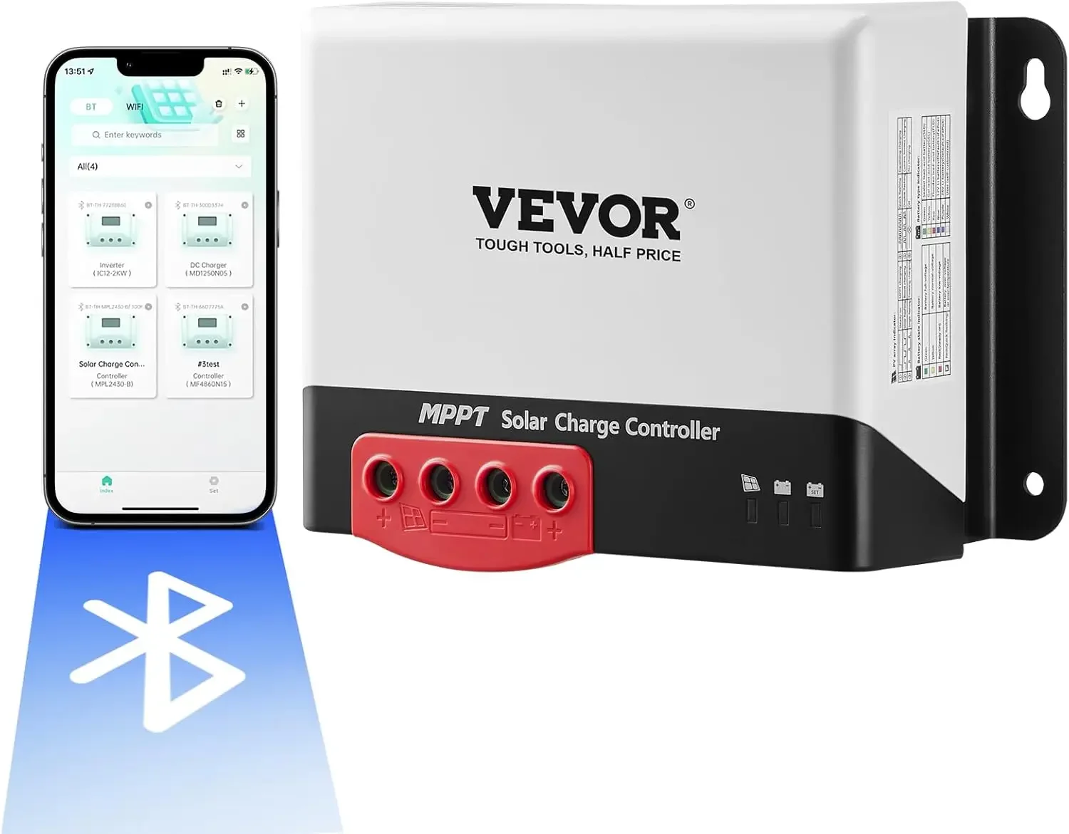 50A MPPT Solar Charge Controller, 12V / 24V Auto DC Input, Solar Panel Regulator Charger with Bluetooth Module