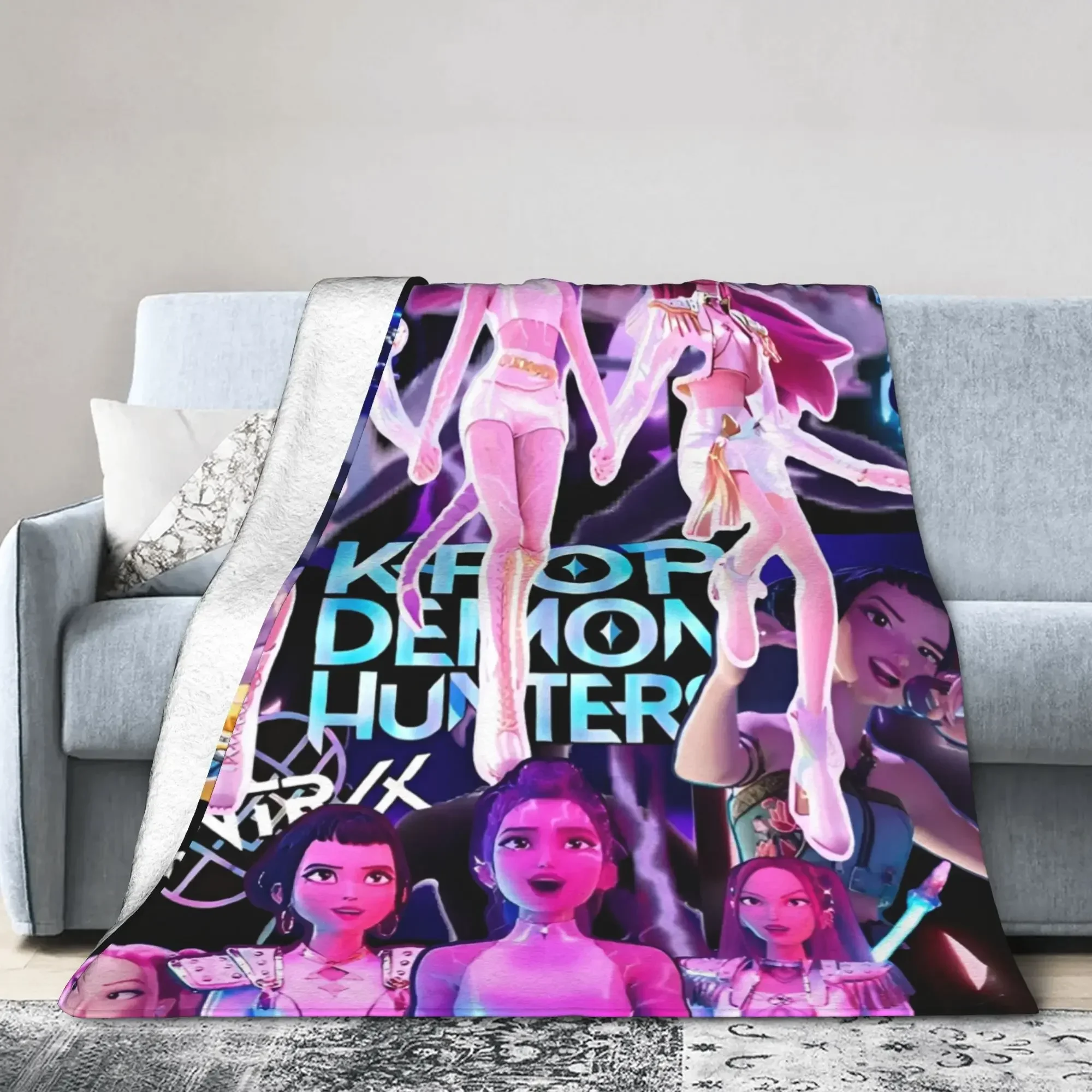

Kpop Demons Huntrix Hunters Flannel Throw Blanket Rumi Mira Joey Creative Bedspread Rug Soft Cozy