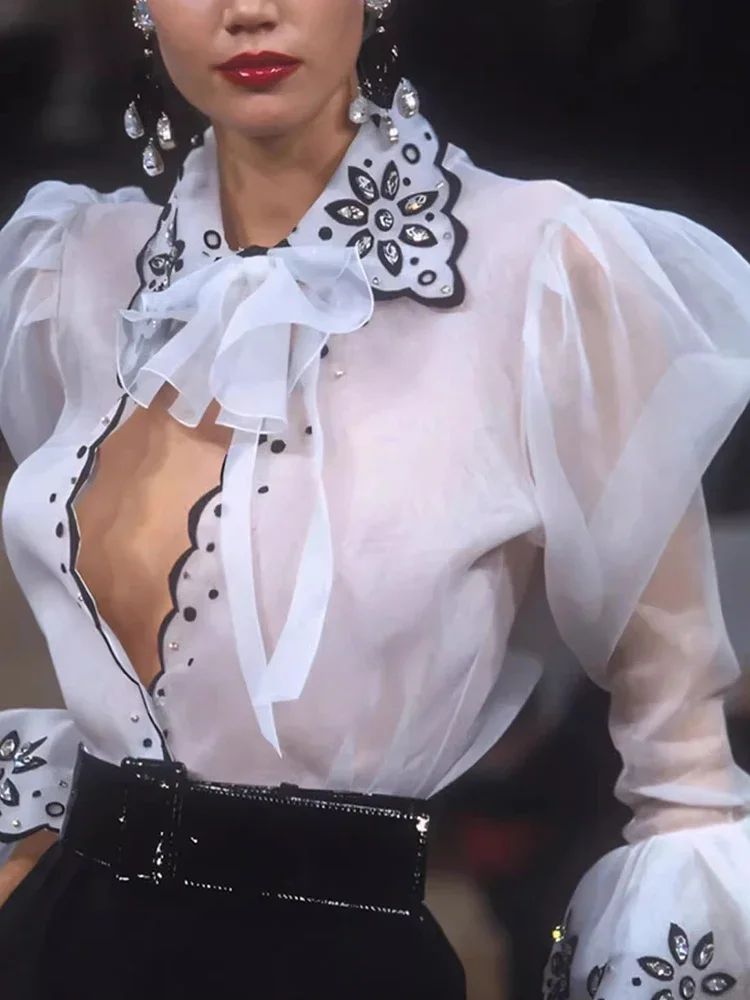 

2025 Solid Patchwork Diamond Chic Blouse For Women Lapel Long Sleeve Spliced Single Breasted Slimming Blouse Female New
