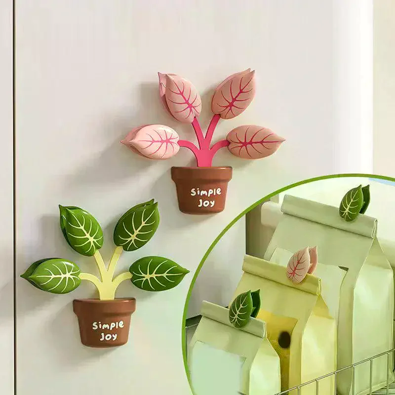 Creative Refrigerator Sticker Sealing Clips Snack Packaging Bag Seal Clamp Potted Plants Shape Magnetic Fridge Sticker Seal Clip