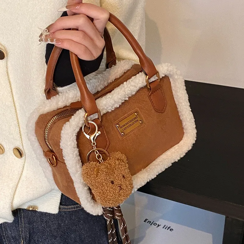

Winter Retro Cute Women's Handbag Stylish Suede Shoulder Bag Elegant Branded Furry Small Square Bag Women' Bag With Bear Pendant