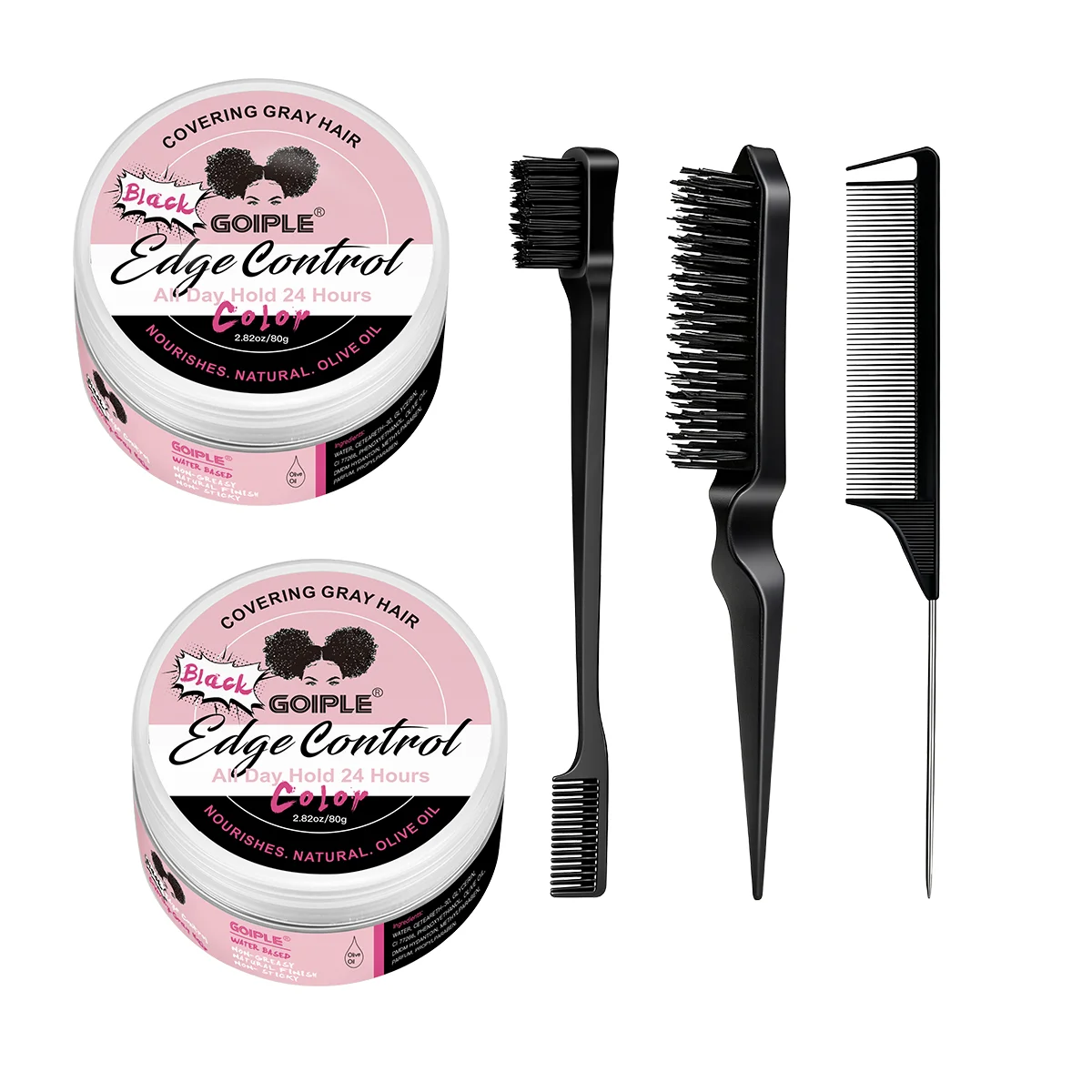 GOIPLE Black Edge Control Wax, 24 Hour Strong Hold and Gray Hair Coverage, Non Sticky Non Greasy Styling Gel for Women, 80g