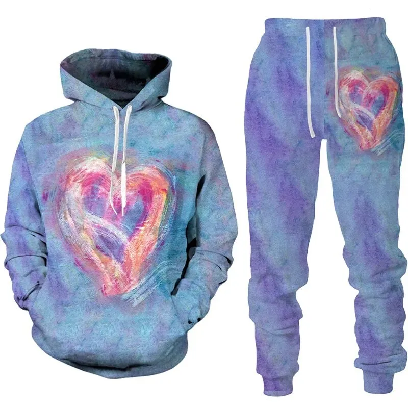 

Мужские толстовки с 3D принтом Sweet Love Heart Мужские спортивные костюмы Модные повседневные толстовки с капюшоном Брюки Комплект из двух предметов Мужская толстовка Комплекты одежды