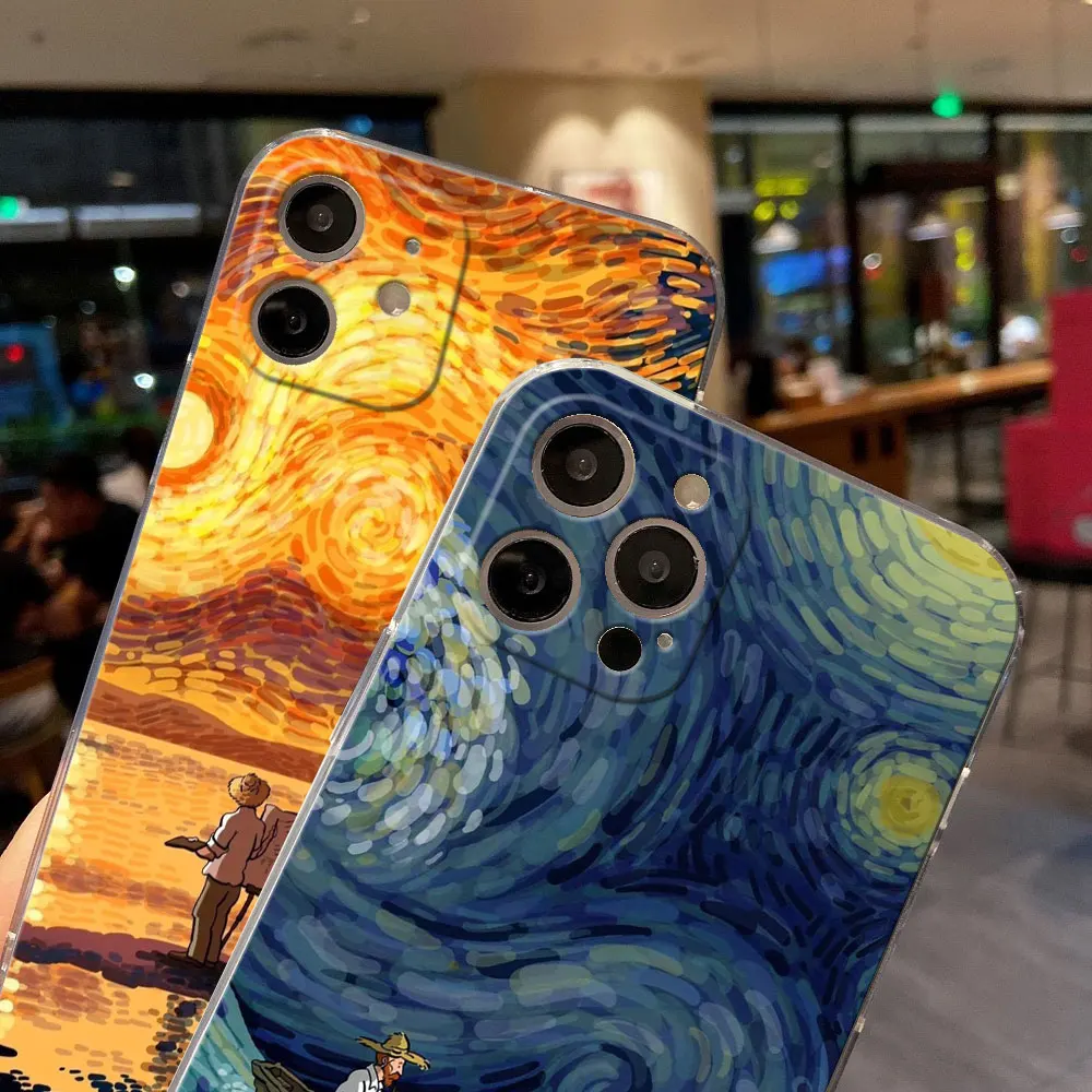Van Gogh Cafe Terrace Starry Night Sunflower Clear Phone Case For iPhone 11 15 14 Pro Max 12 13 Mini 16 Pro Plus XS 8 Cover Case