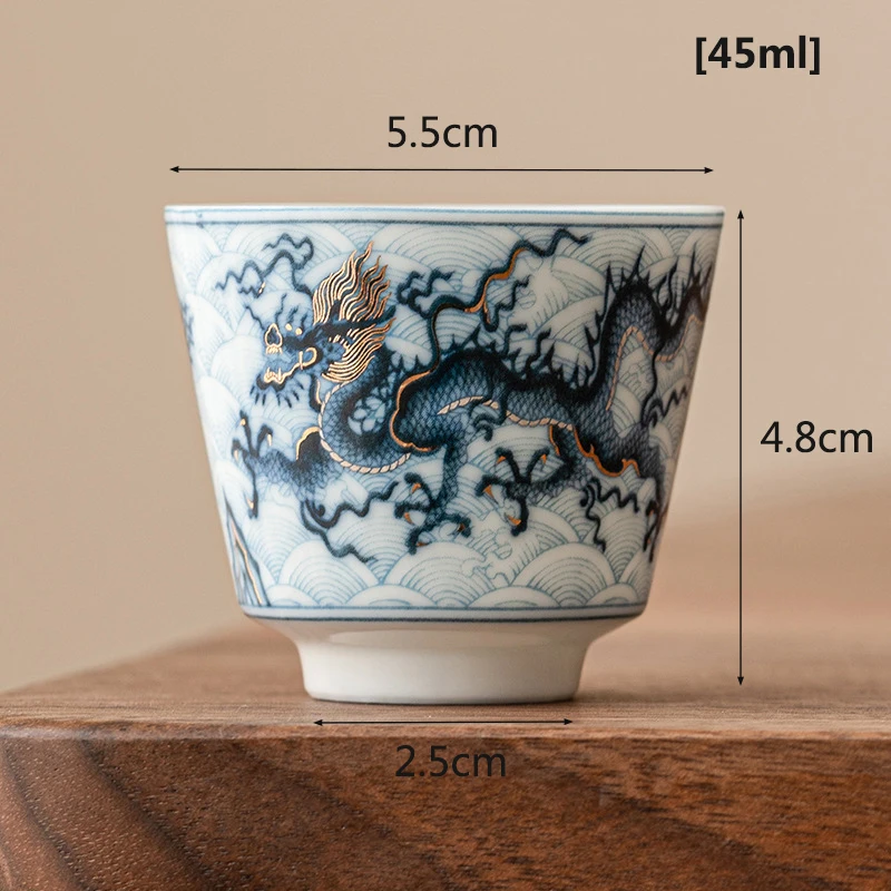 2024 Year New Blue and White Dragon Patterned Small Tea Cups Chinese Metal Inlay Ceramic Teacup 45ml Capaicty