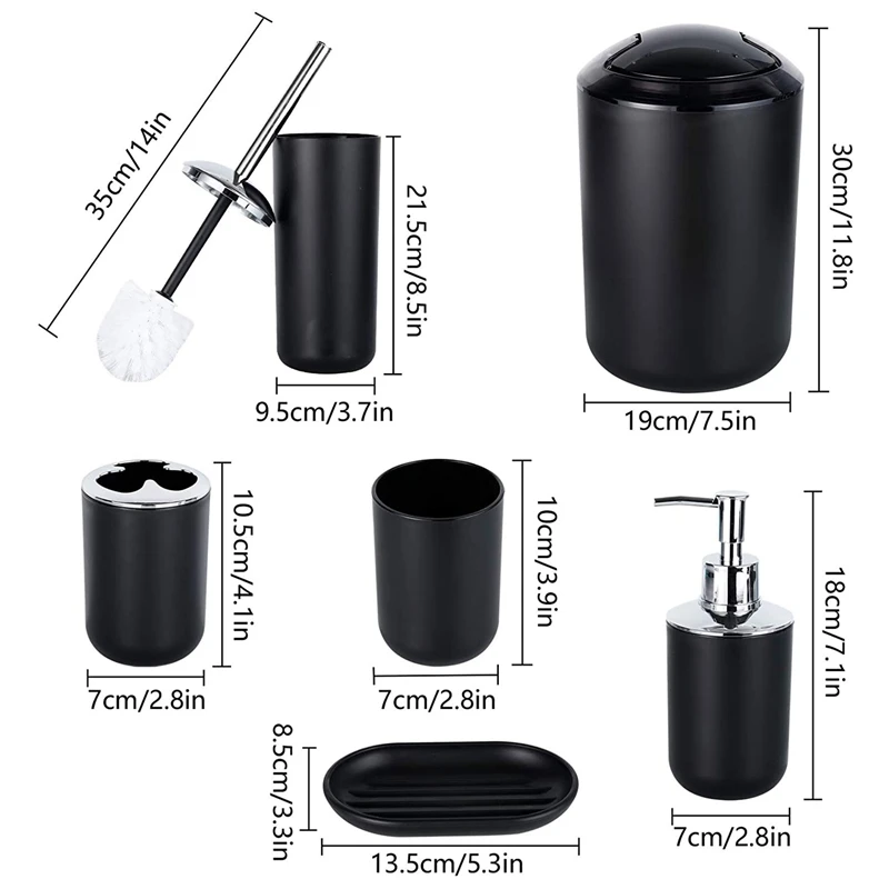 Set di 6 accessori per il bagno, con portaspazzolino, tazza per spazzolino, dispenser per sapone, portasapone, portaspazzole nero