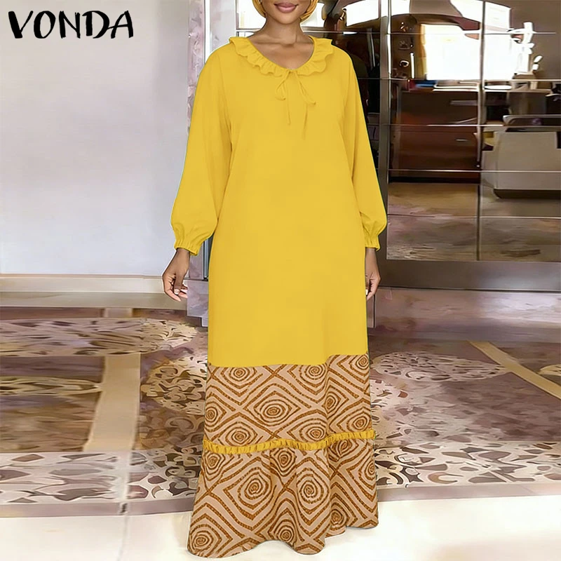 

VONDA Women Plus Size Dresses Summer Spring Print Patchwork Long Sleeve Ruffles Dress OL Work Party Long Maxi Dresses Vestidos