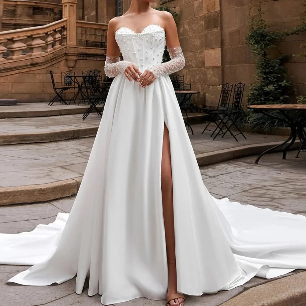 

Customized A-line Wedding Dress Sweetheart Detachable Long Sleeves Beads Crystal Silt Satin Bridal Bride Gowns Vestidos De Noiva