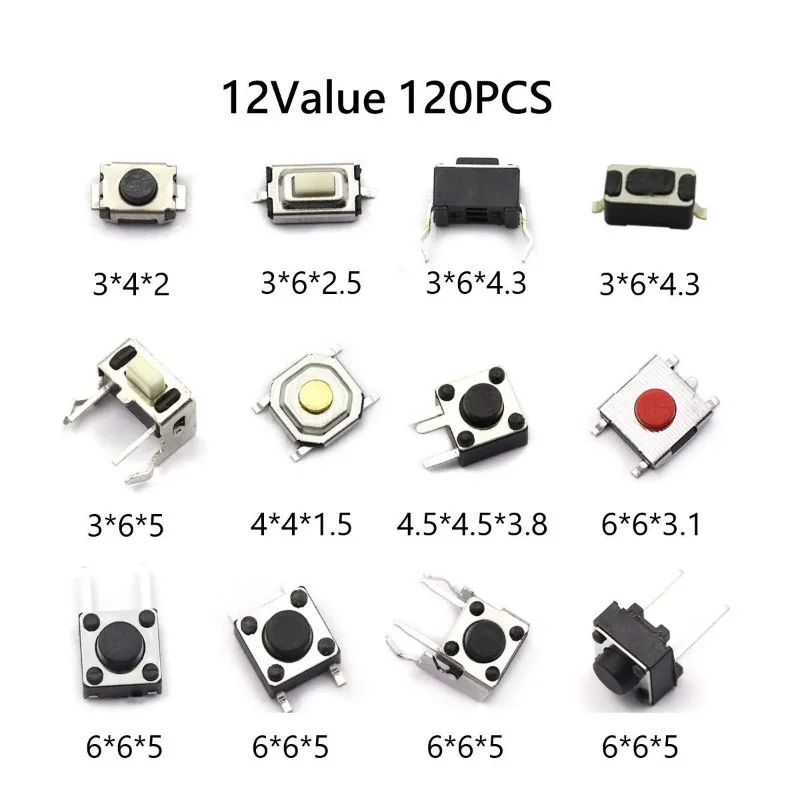 120pcs 12 Values 10 Pieces of Each Type Tactile Push Button Switch Micro Momentary Tact Switch Assortment Kit