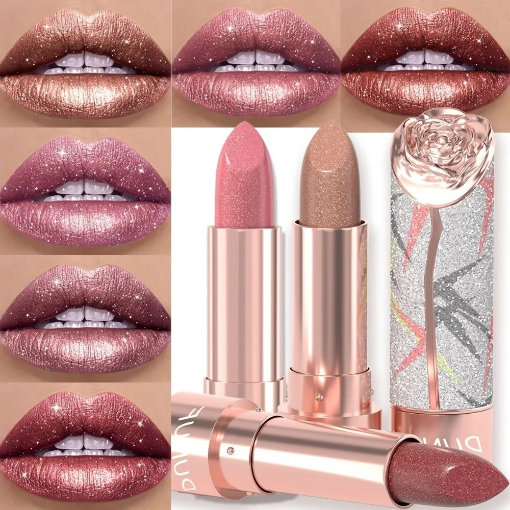 New 7 Colors Metallic Lipstick Pearl Pink Floral Embossed Shimmer Lip Glaze Long Lasting Waterproof Glitter Lip Tint Lip Makeup