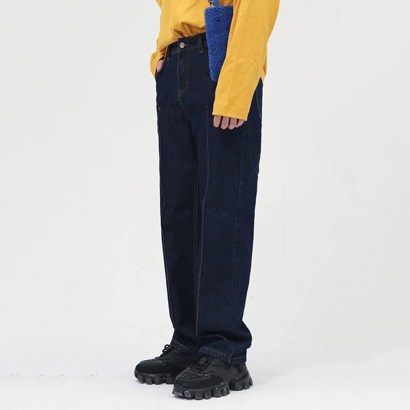 Korean Menswear Fashion Topstitch Design Washing Jeans Men New Loose Mid Waist Straight Long Pants Tide Spring Winter 2022