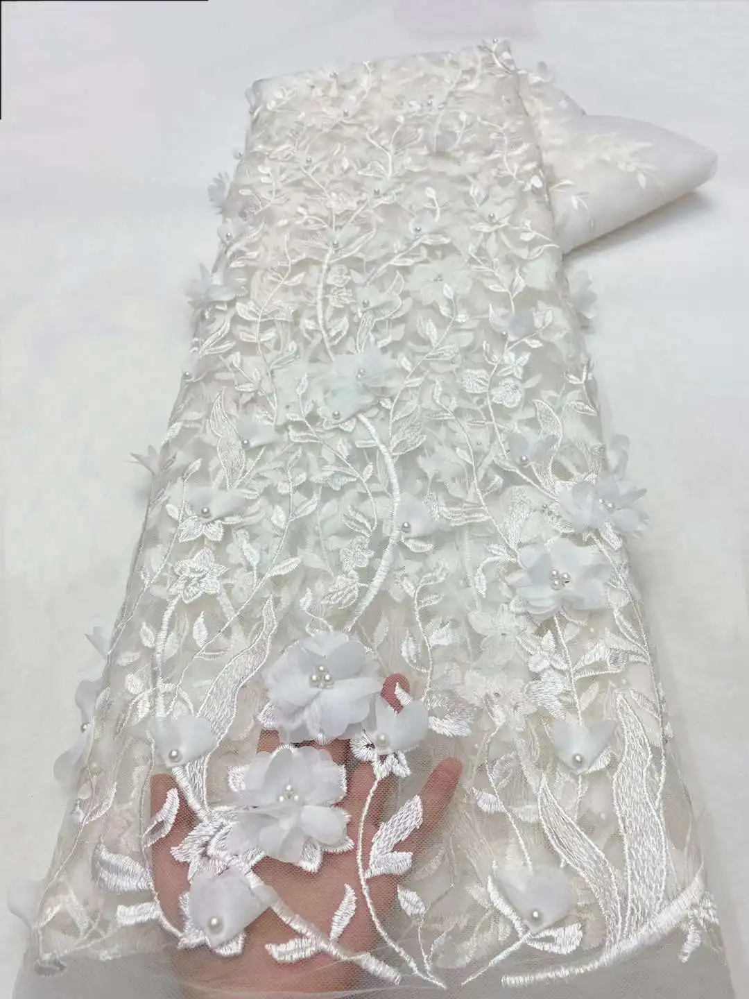 African 3D flower  Beaded Groom Lace Fabric High Quality French Tulle Lace Fabric 2024 Embroidery Nigerian Lace Fabrics XZ40YN