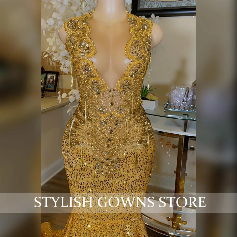 Sparkly Gold  Long Prom Dress For Black Girls Beaded Crystal Diamond Birthday Party Gown Tassel Evening Dresses Customized