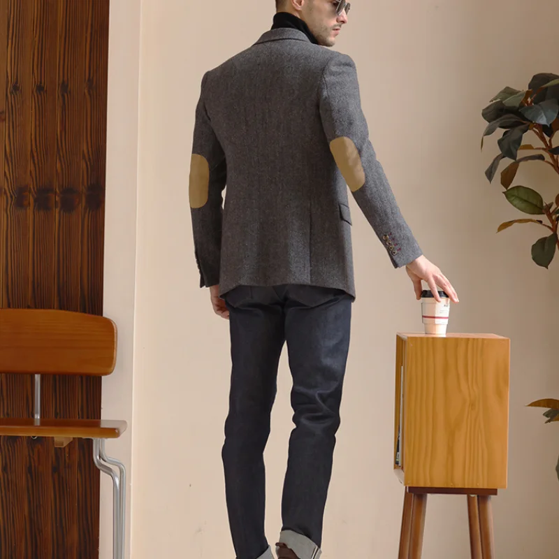 

Grey Retro Slim Fit Men's Suit Jacket Single Breasted Elbow Patch for a Luxurious and Casual Autumn and Winter Suit for Men