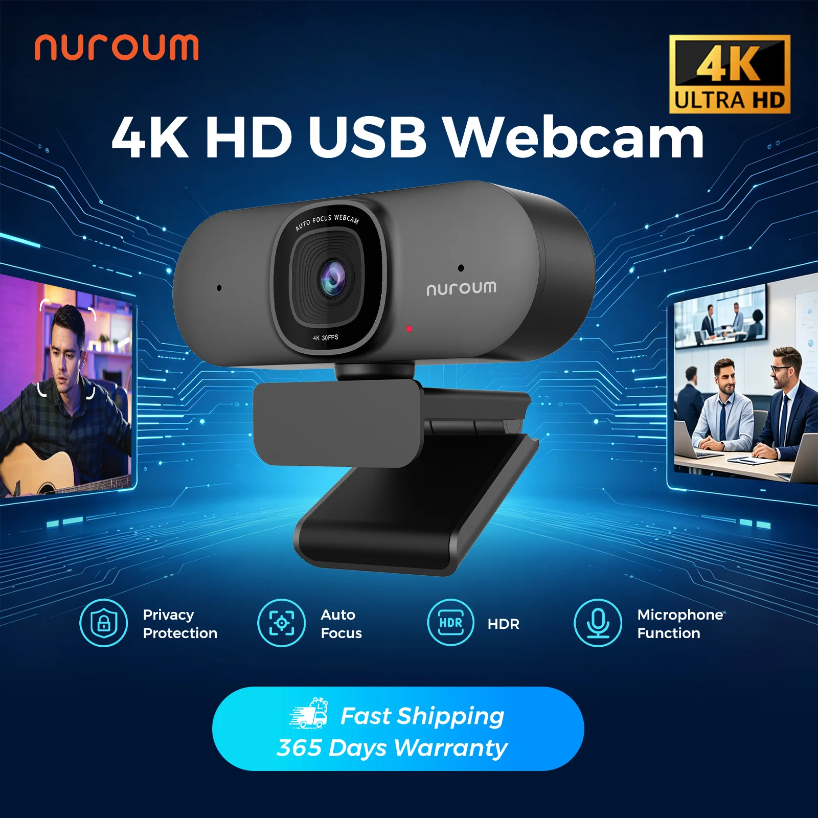 NUROUM V32AF 4K webcam, 1080P 60FPS, AI noise cancel mic, autofocus. USB plug-and-play for PC, calls, streaming and conferences