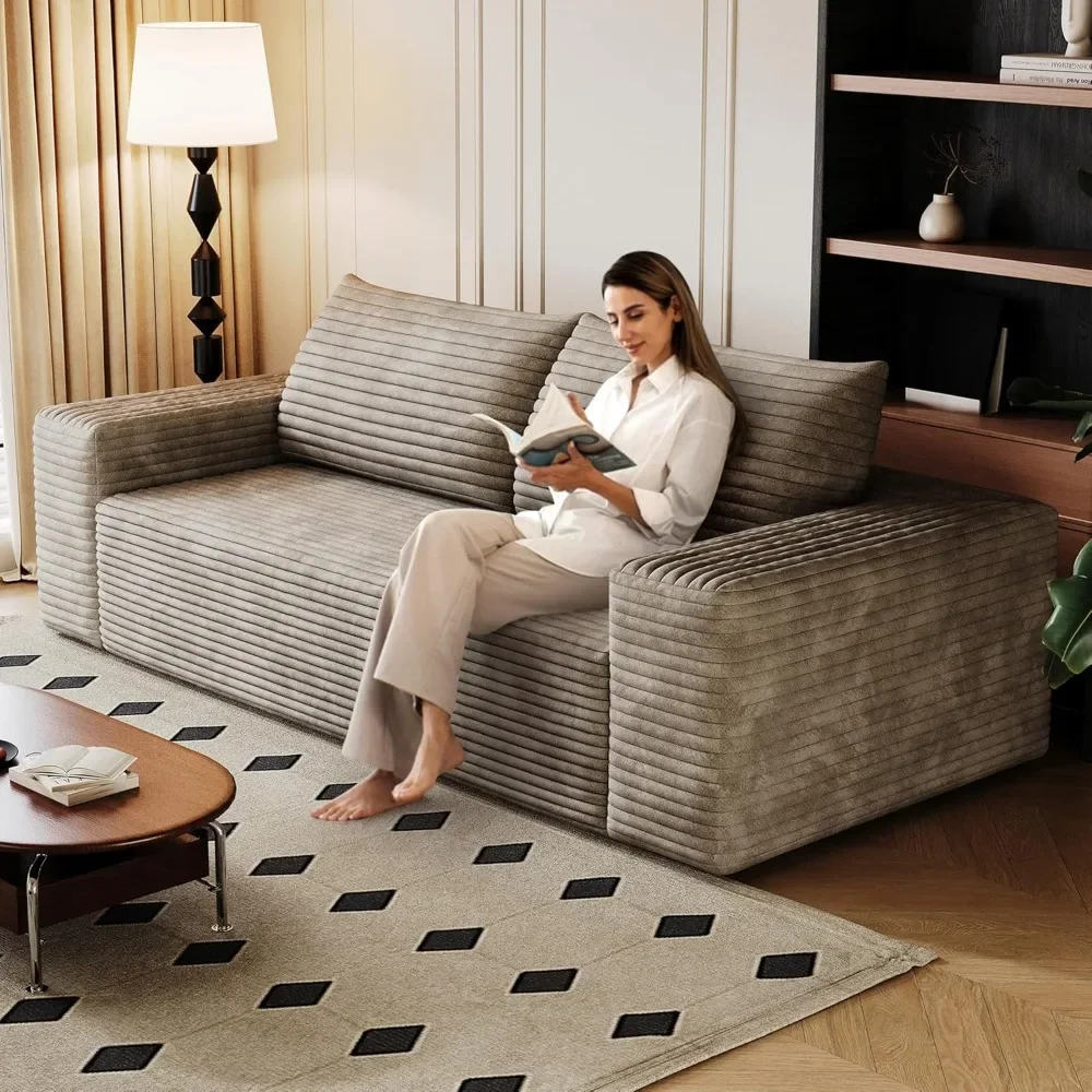 

63 Corduroy Boneless Couch, 2-Seater Compression Sofa with 2 Throw Pillows, No Assembly Required, Comfy Loveseat Sofa in a Box,