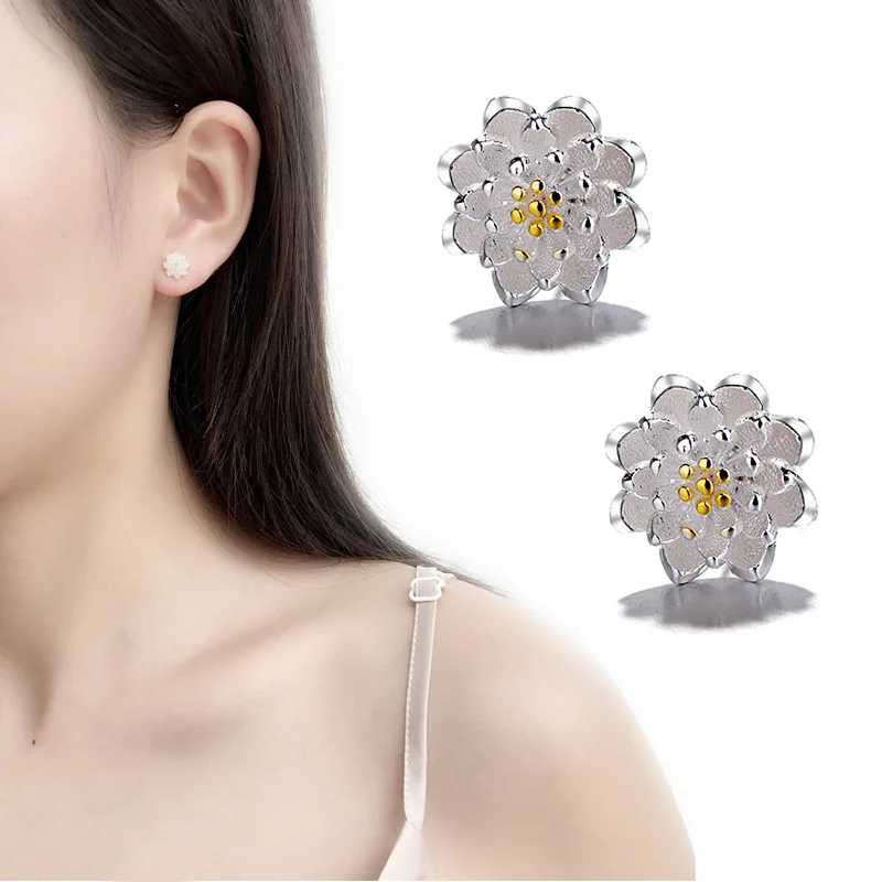 Simple 925 Silver Needle Lotus Flower Small Earrings For Women Eternal Prevent Allergy Gold Color Crystal Jewelry Pendientes