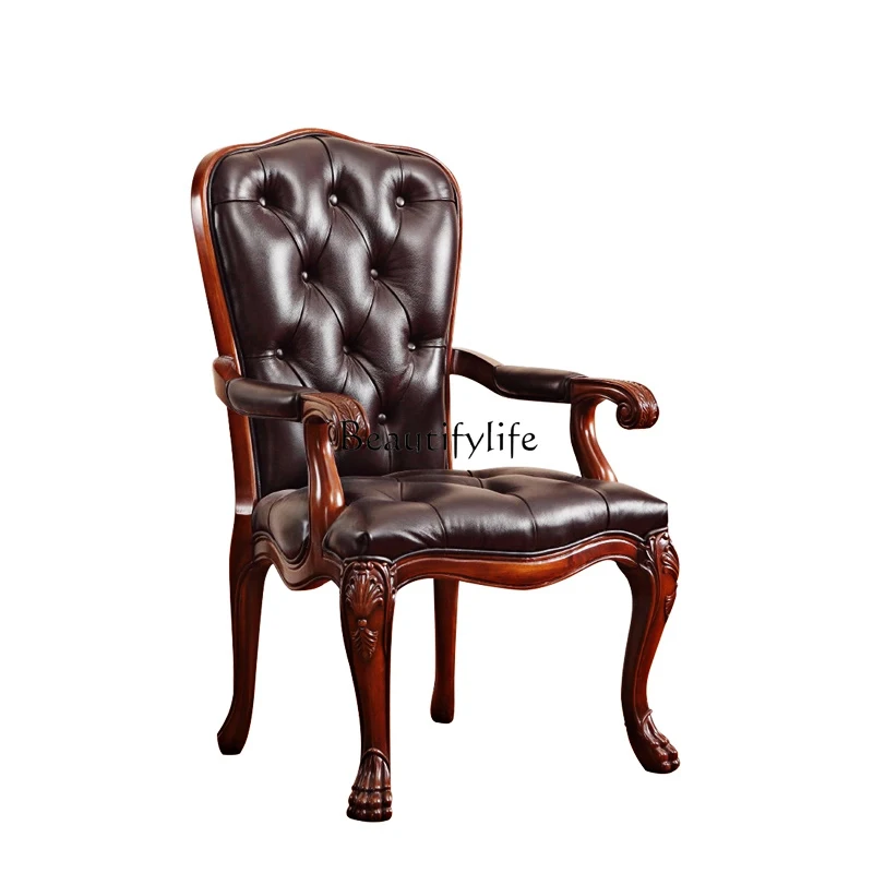 

American all-solid wood book chair retro study office chair leather casual European style