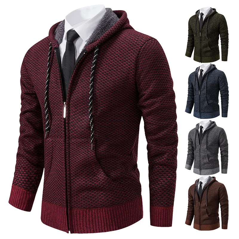 

2023 Autumn and Winter New Men's Sweater Casual Plush Thickened Long Sleeve Cardigan Knitwear Hooded Jacket Men's