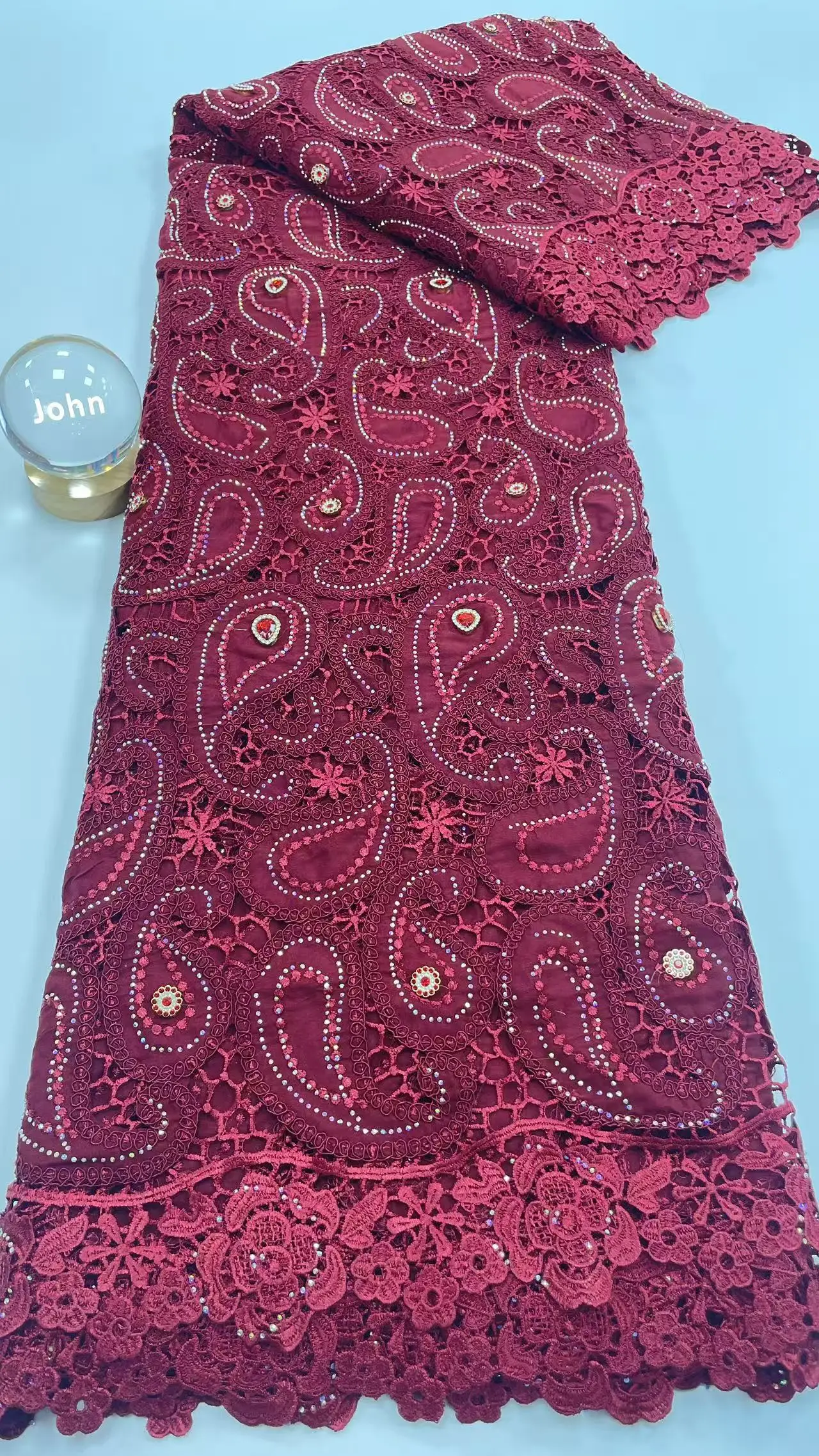 

African Guipure Cord Lace Fabric with Water Soluble Embroidery And Rhinestones High Quality for Women's Style Sewing Material