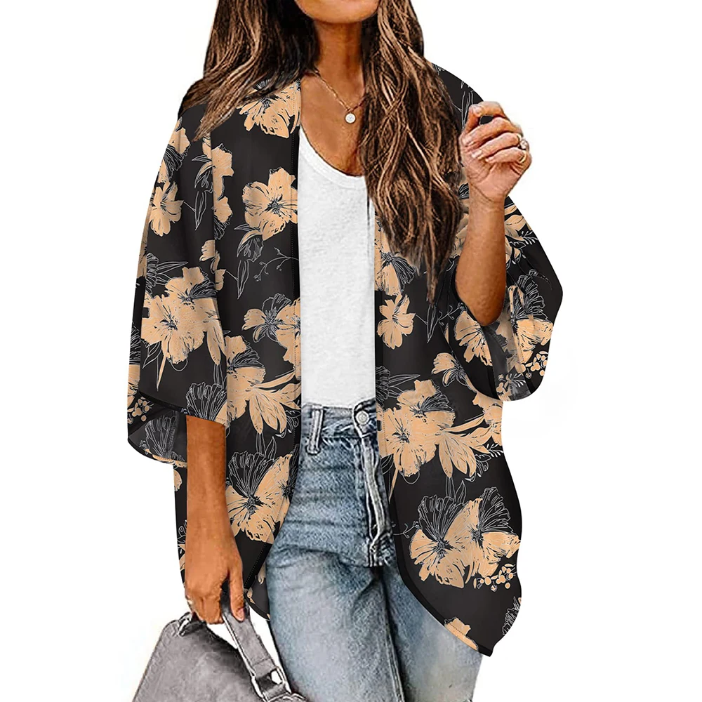 Casual Loose Cardigan Cover Up Summer Floral Printed Puff Sleeve Chiffon Kimono Blouse Tops Cropped Cardigans For Women Top Tee