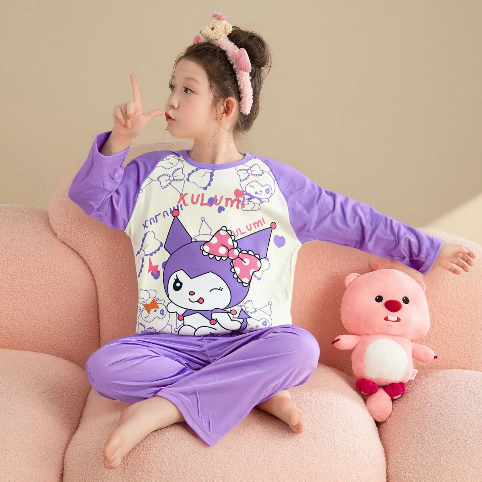 طقم بيجامات بناتي كورومي جديد لخريف 2025 أنيمي سانريو كاواي الوالدين والطفل برقبة دائرية وأكمام طويلة ملابس منزلية فضفاضة للمراهقين #3