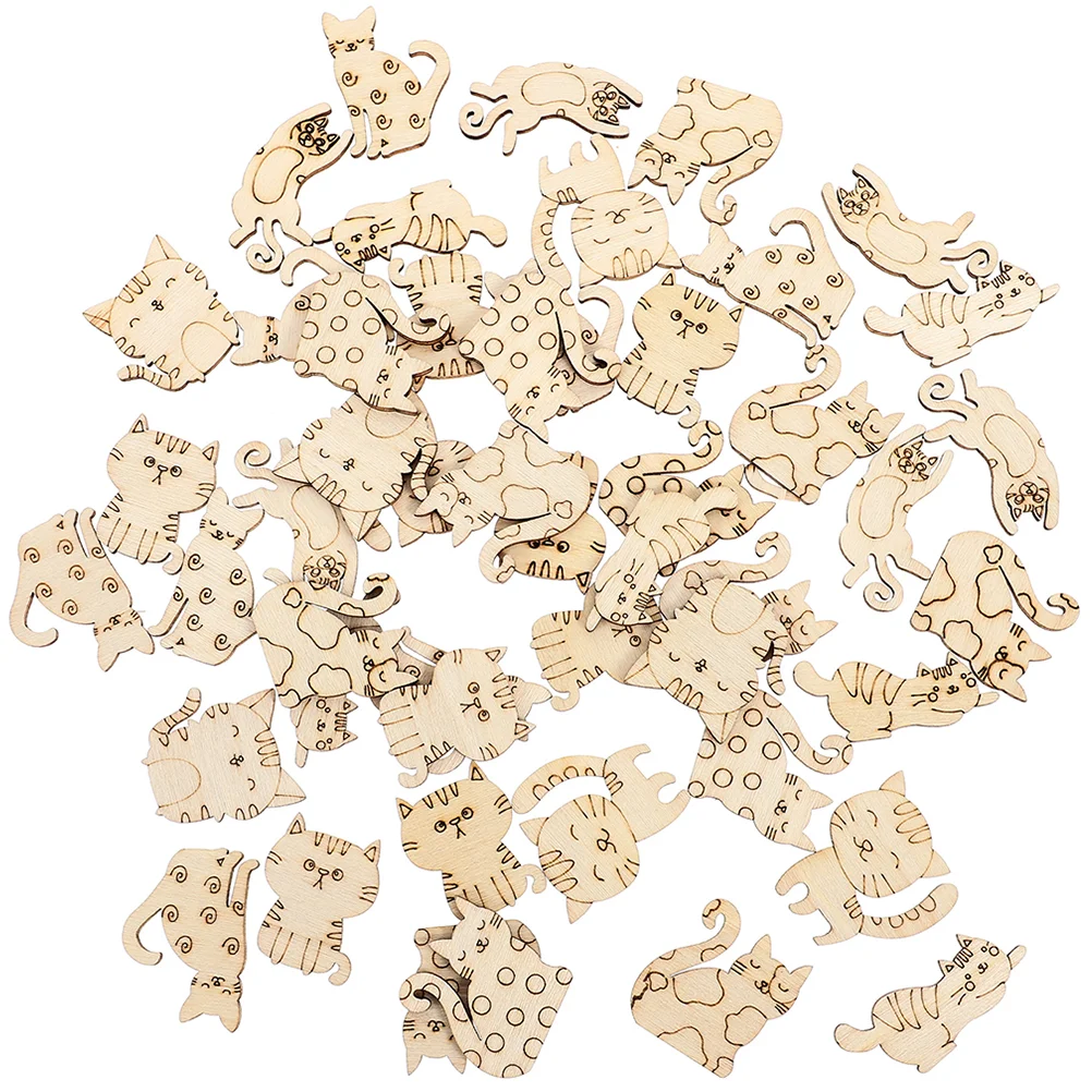 50 Pcs Wood Cutouts Puzzle Graffiti Chip Wooden Kids Painting Toys Child DIY Craft Slices Cat Chips