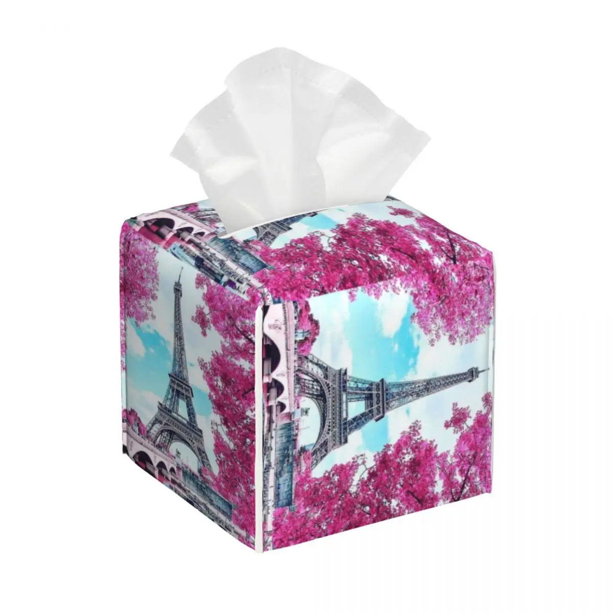 Kotak tisu bunga Menara Eiffel kustom tempat persegi romantis pemandangan PU kulit kotak tisu penutup untuk mobil rumah
