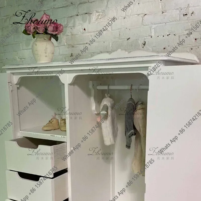 

LlFrench Retro Carved Double-door Wardrobe Medium Antique White Old Vertical Locker Master Bedroom Decorative Cabinet