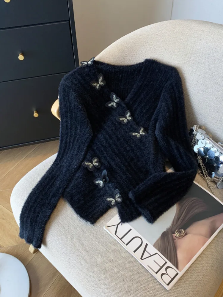 Sexy V-hals Slanke Vlinder Truien Vrouwen Vintage Streetwear 3D Mohair Onregelmatige Gebreide Jumper Franse Retro Lange Mouw Tops